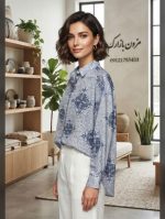 شومیز زنانه طرح اسلیمی آبی طوسی - تصویر 2